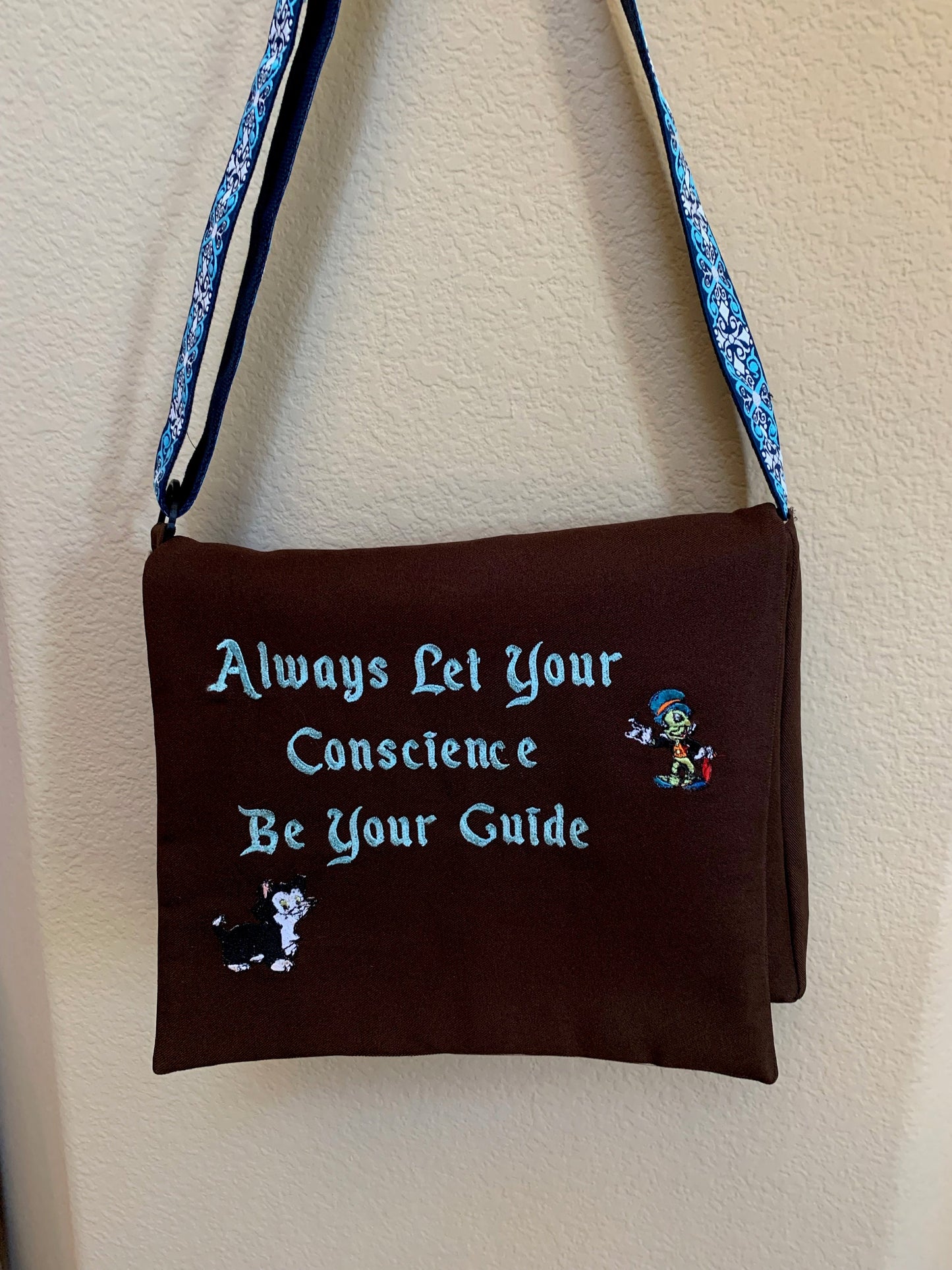 Pinocchio Purse/ Messenger Bag. Alway let your conscience be your guide. Embroidered with Jiminy Cricket and Figaro.