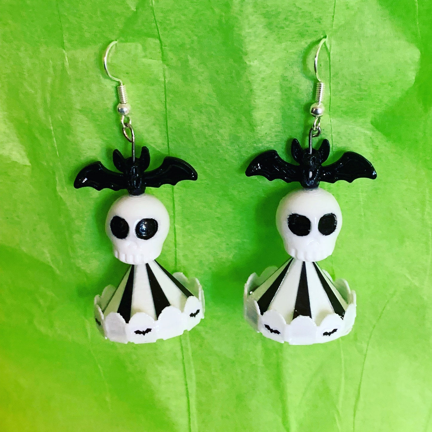 BeetleJuice inspired earrings, Carousel skull bat earrings!